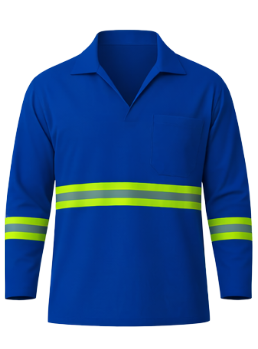 camisa de gola italiana manga longa em brim faixa refletiva