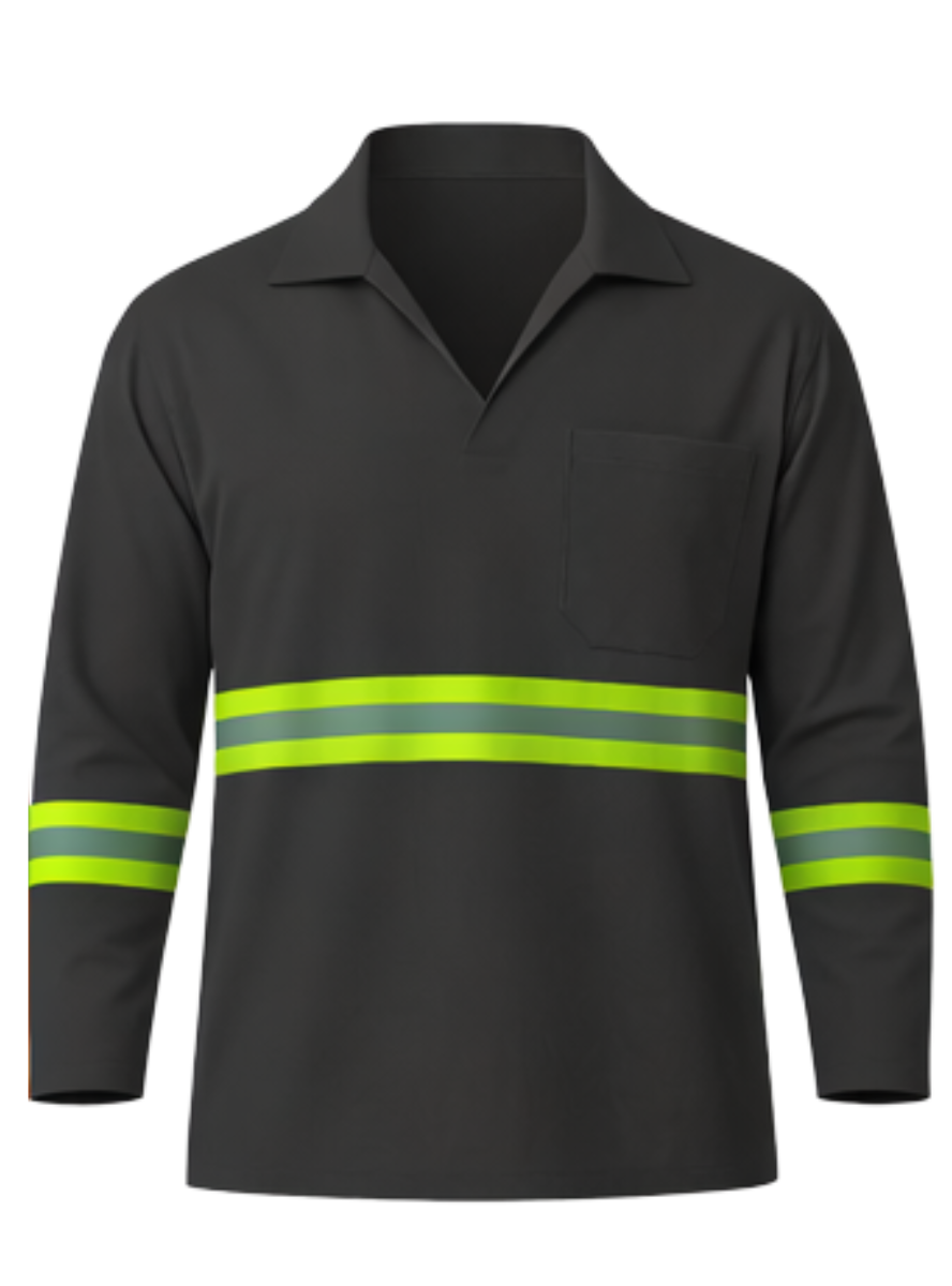 camisa de gola italiana manga longa em brim com faixa refletiva